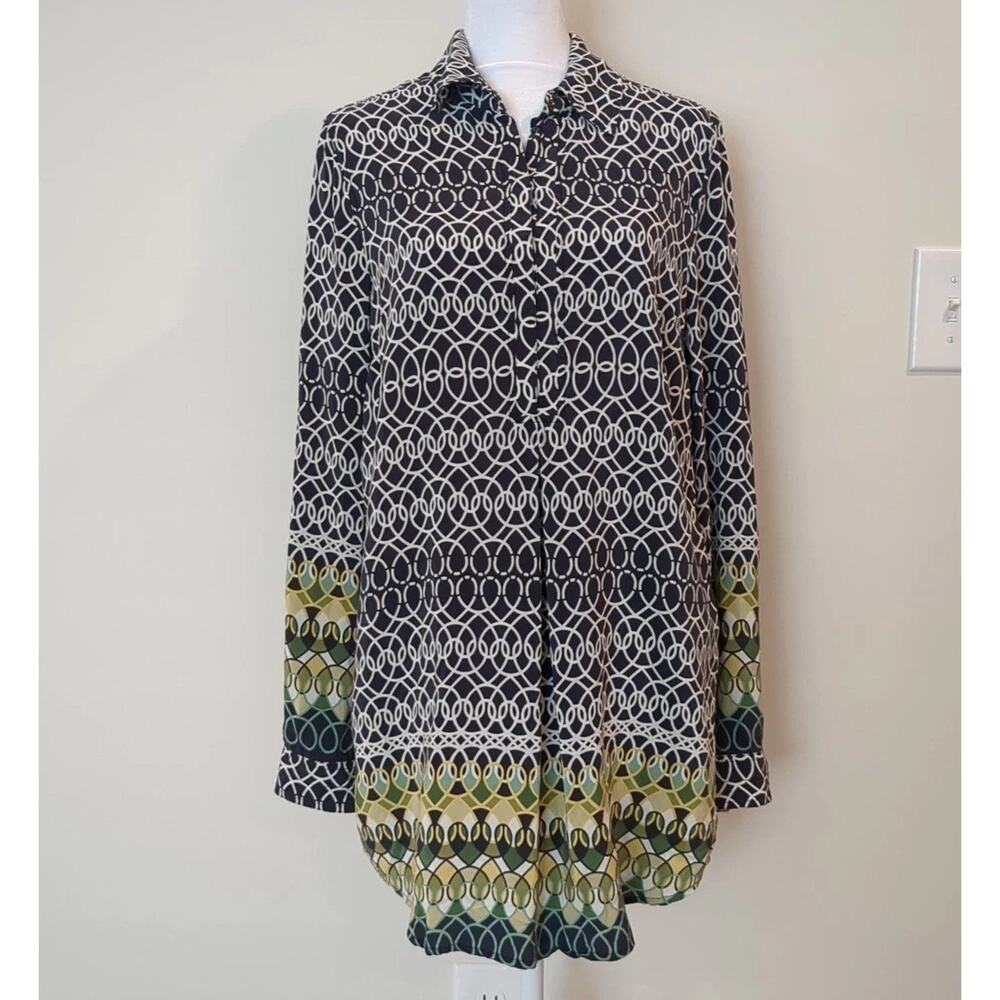 Tyler Boe Womens M Silk Long Sleeve Tunic Popover Top Blue Geometric Preppy